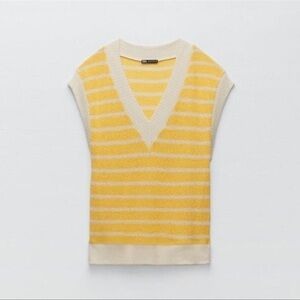 ZARA Yellow and White Striped V-Neck Sleeveless Knit Sweater